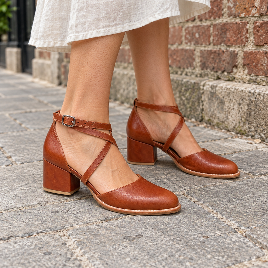 Edith Salvaje Caoba — con modelo en calle de ladrillo